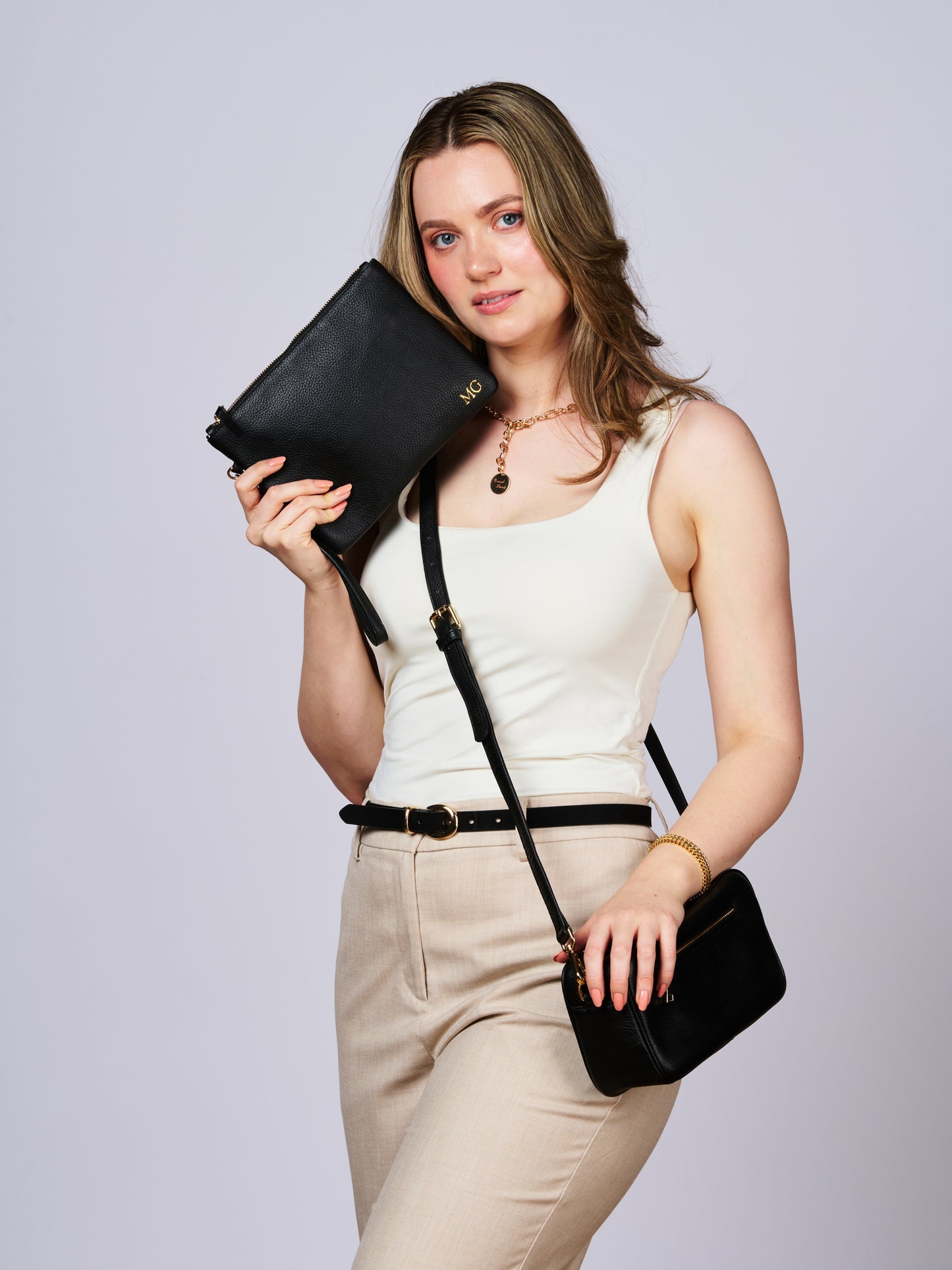 Classic Leather Clutch with detachable Wrist Strap Black