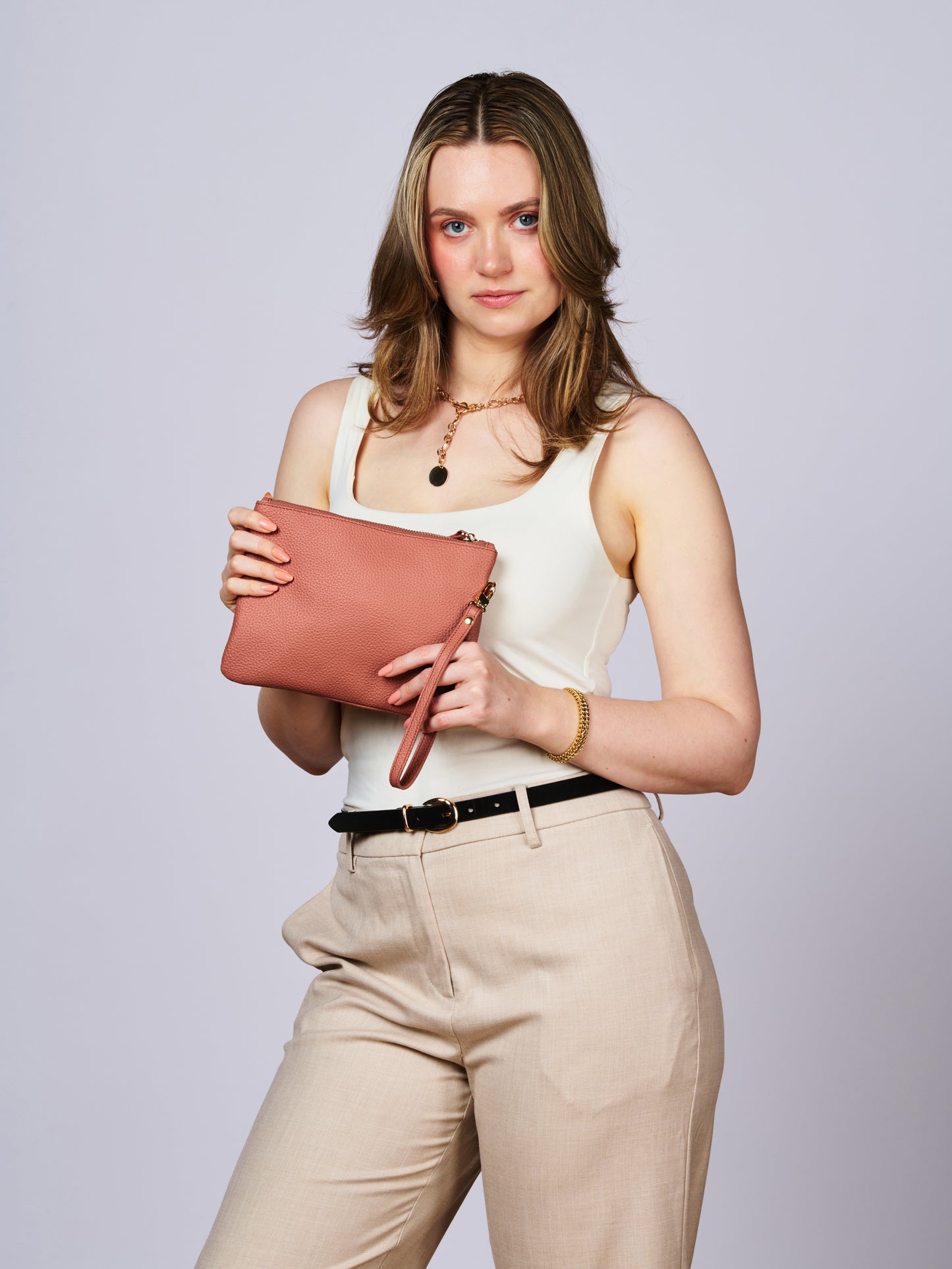 Classic Leather Clutch with detachable Wrist Strap Cognac