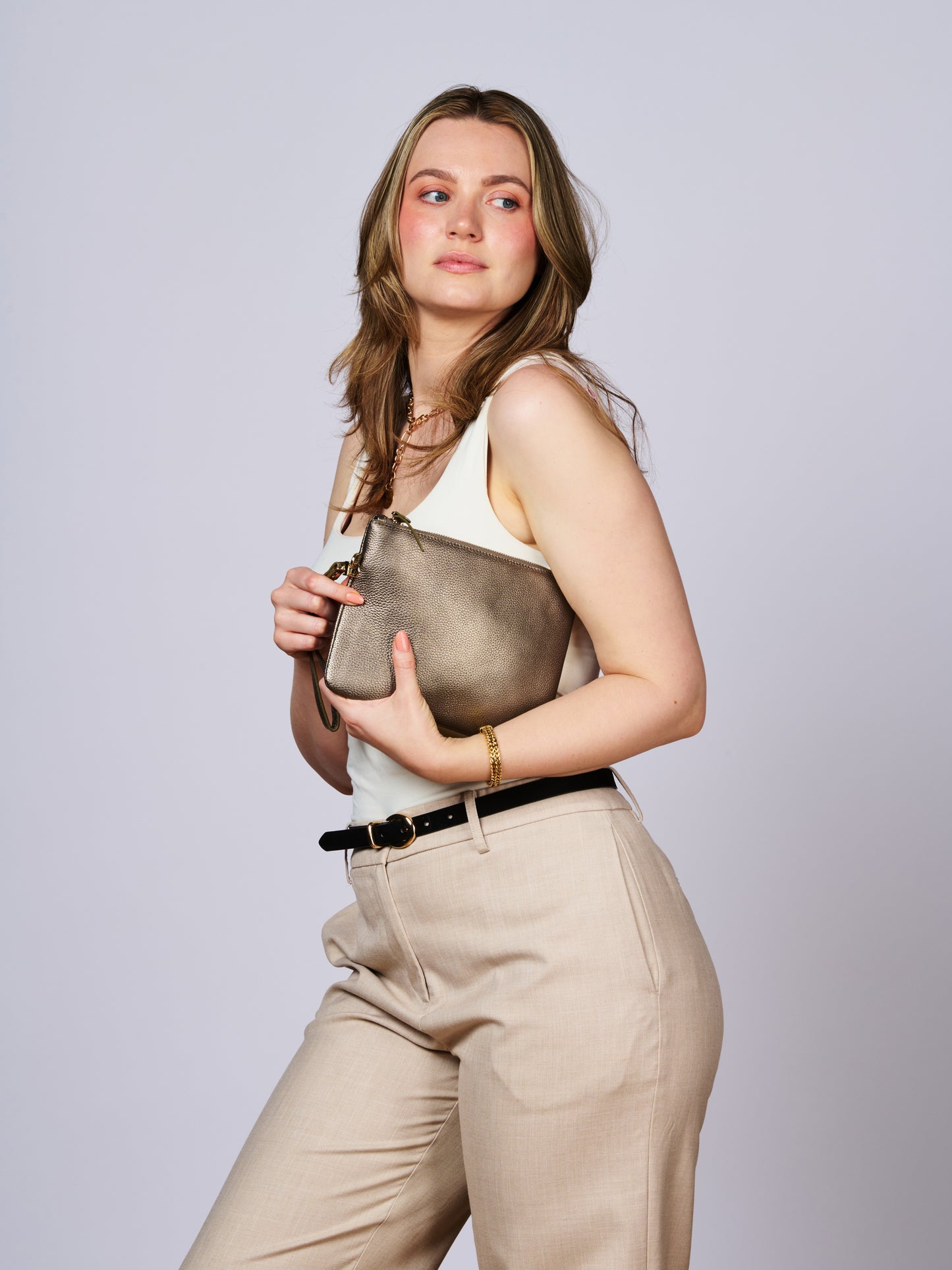 Classic Leather Clutch with detachable Wrist Strap Bronze