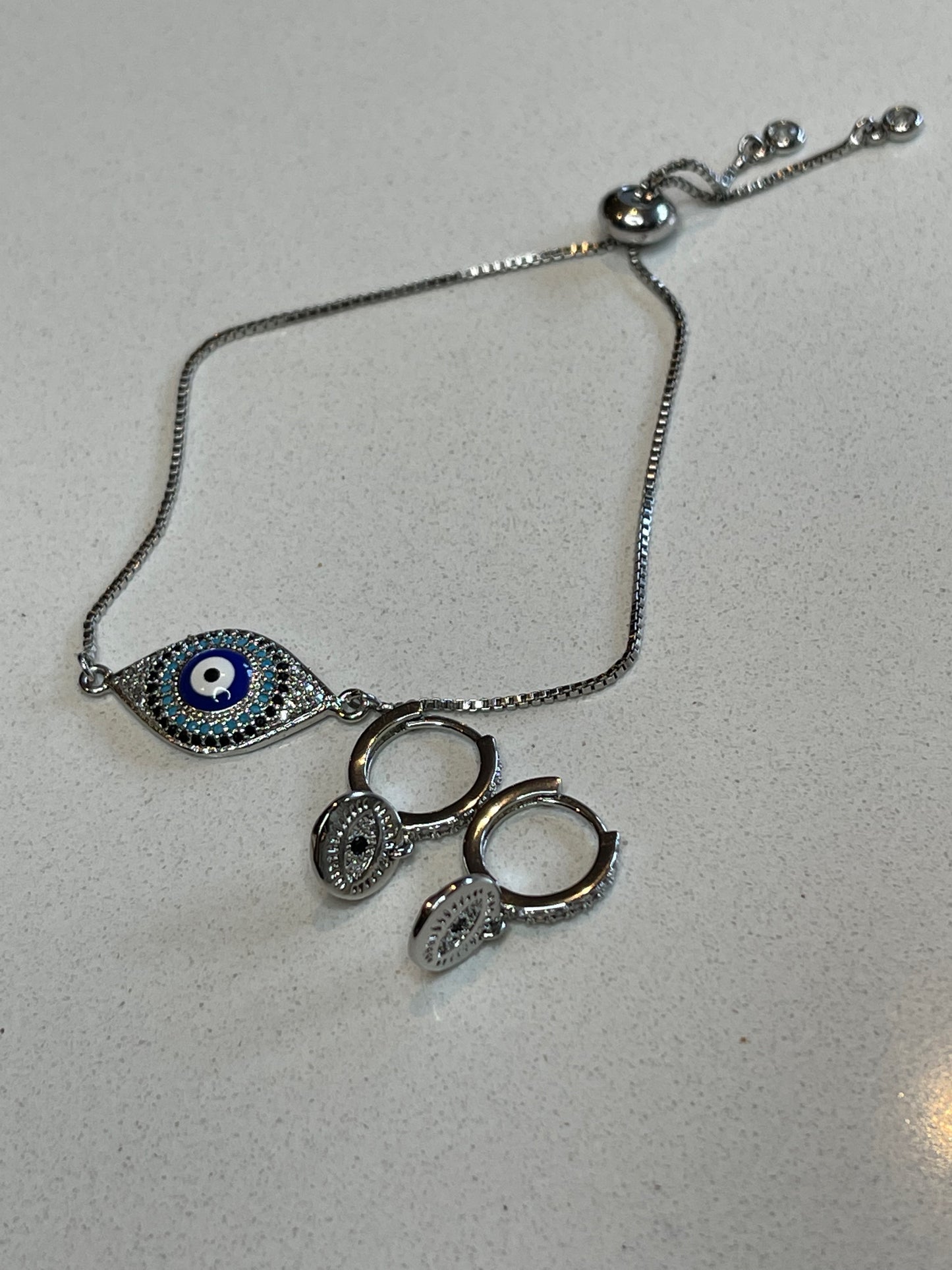 Classic Evil Eye Earrings and Bracelet Set - Silver
