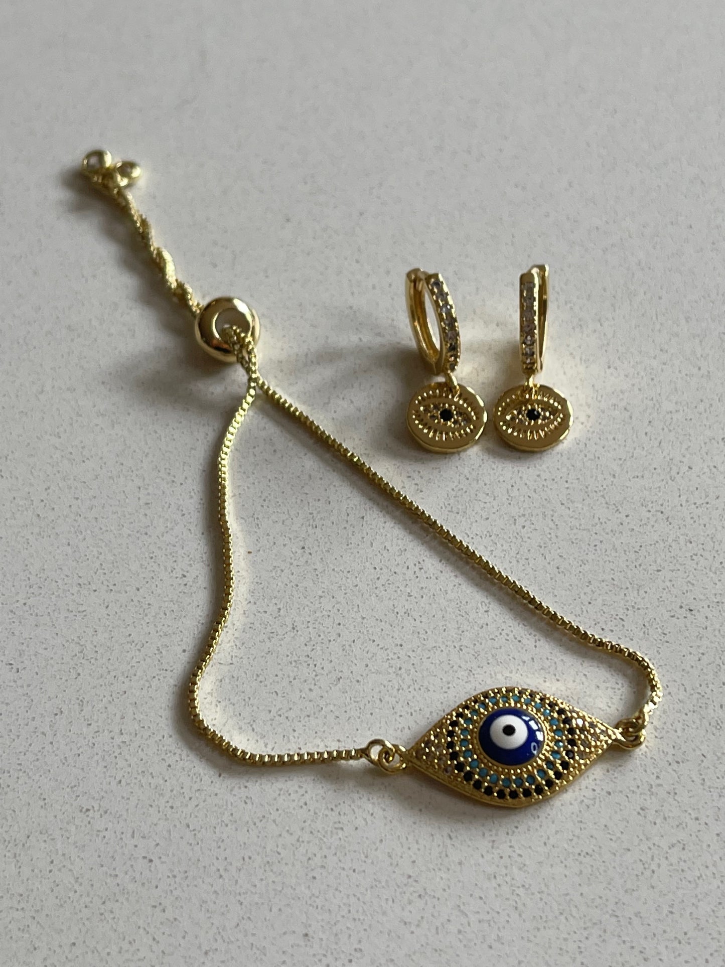 Classic Evil Eye Earrings and Bracelet Set - Gold